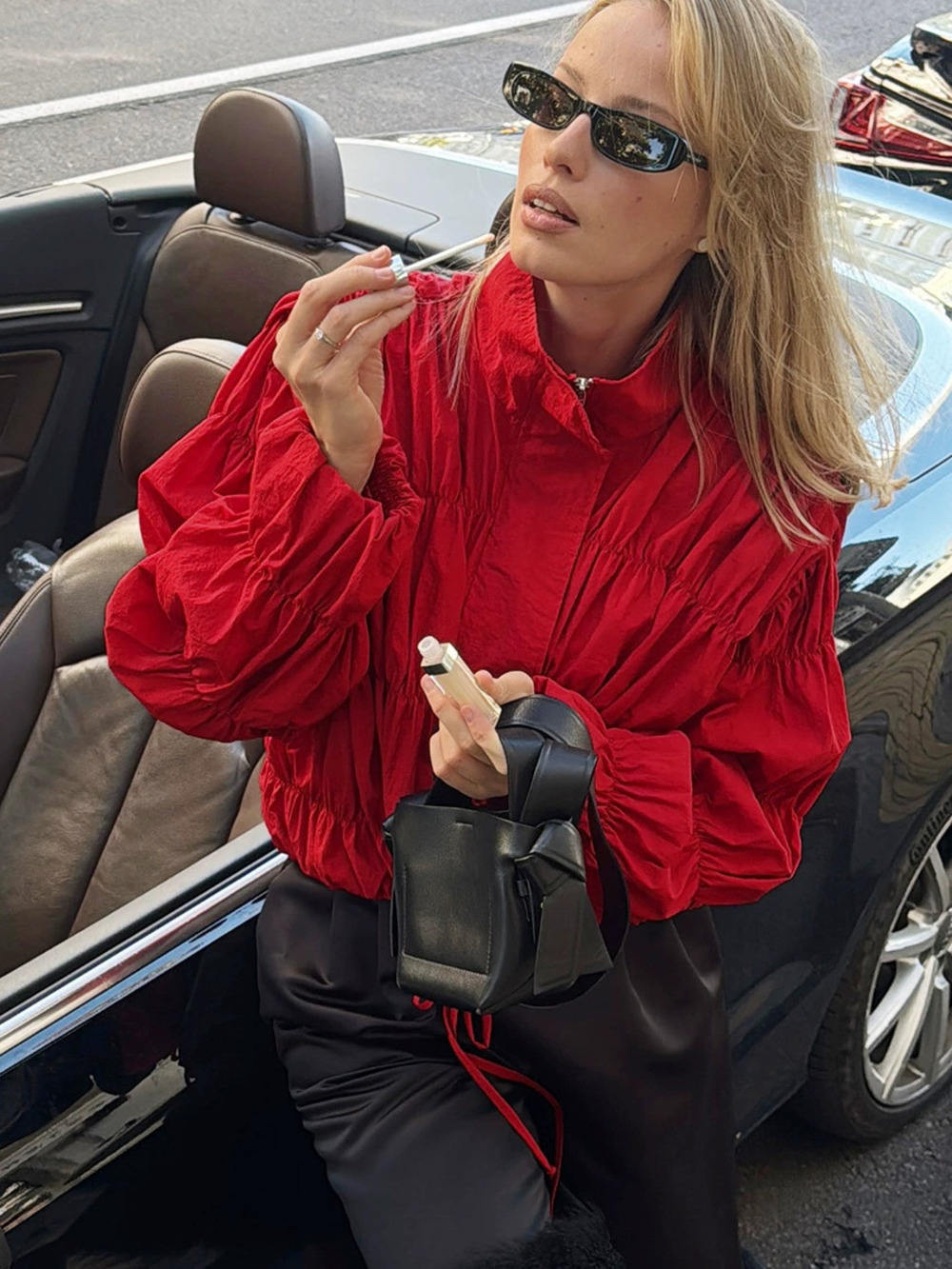 ZARA Spring Summer Fashionable Loose Designer Shirred Stand Collar Red Jacket